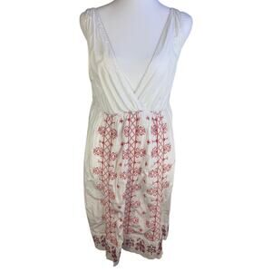 Odd Molly Anthropologie Womens V-Neck Embroidered Sleeveless White/Red Dress 2